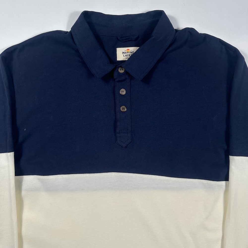 Marine Layer Polo Shirt Mens Large Long Sleeve Colorblock Navy Cream Green